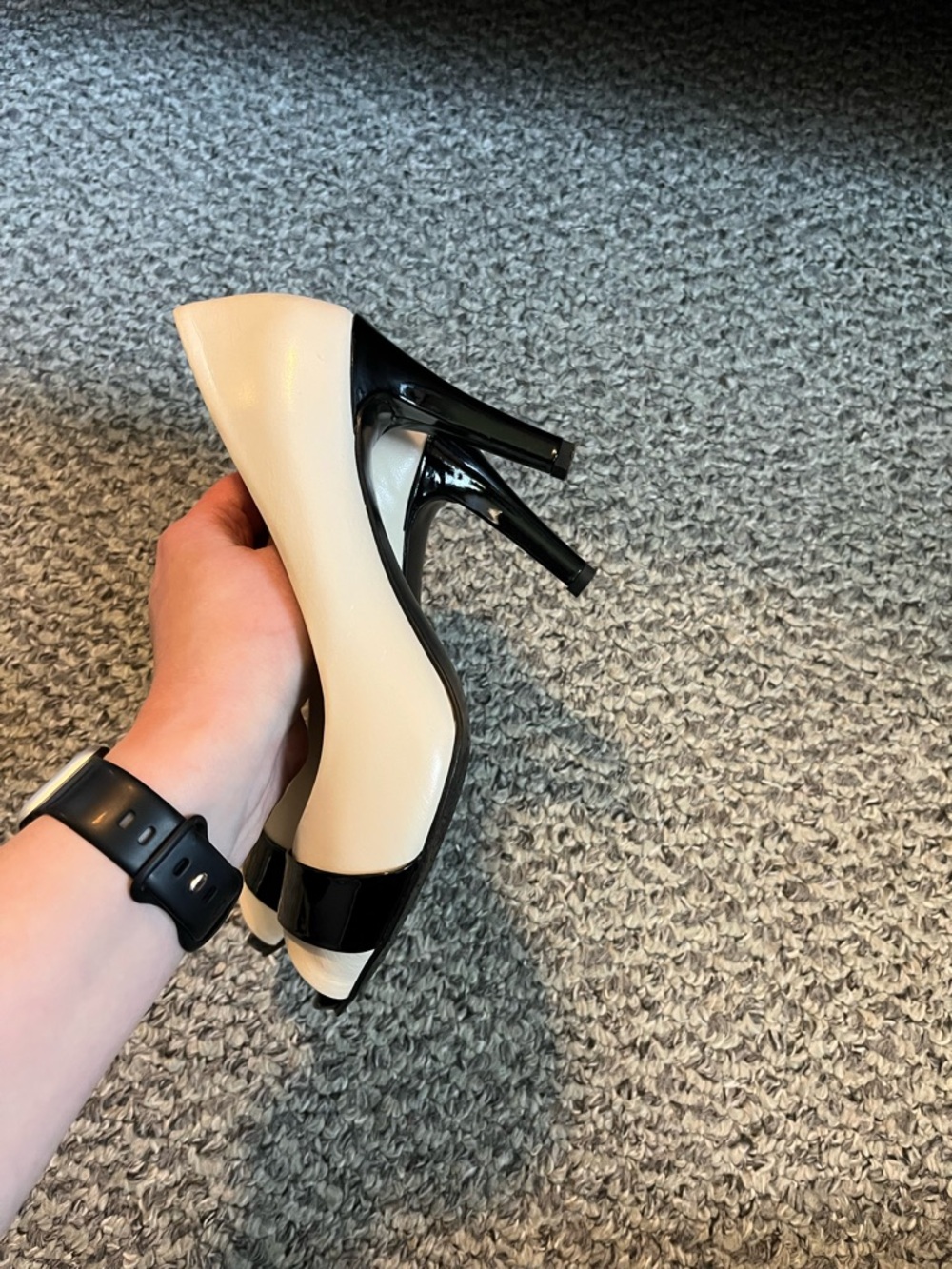 Anne Klein Two-Tone Beige and Black Peep-Toe Pumps - Picture 6 of 7